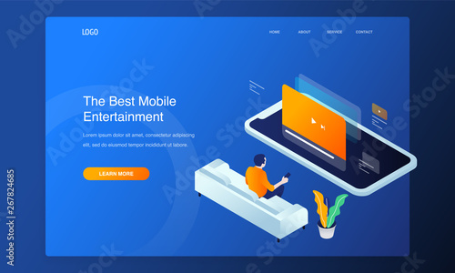Modern isometric concept for man seated on the couch watching tv from smartphone. Flat 3d vector isometric illustration