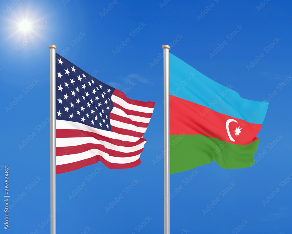 United States of America vs Azerbaijan. Thick colored silky flags of America and Azerbaijan. 3D illustration on sky background. - Illustration