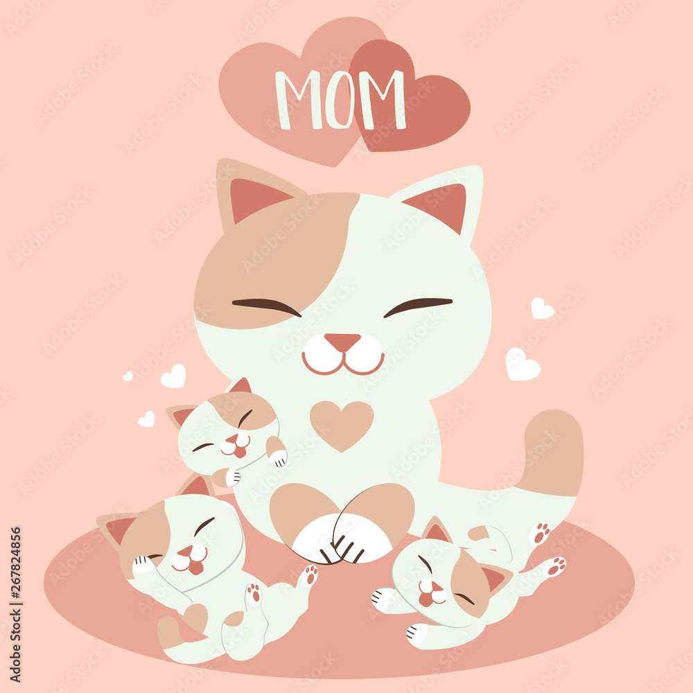 Happy Mother’s day card.Sweet cards for Mothers Day.A group of Cute kitten and cat mom (Mother) cat .baby cat. kitten with cat mom. We love mom. love mom.kitten smiling.t.cute flat vector style