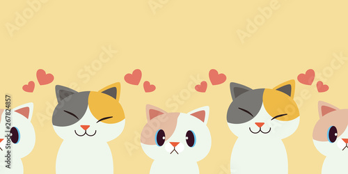 A group of cat is seamless pattern.Seamless pattern of cute cat set. cute character cat with heart patten.Happy cat is smiling.Doodle cartoon style. cute flat vector style