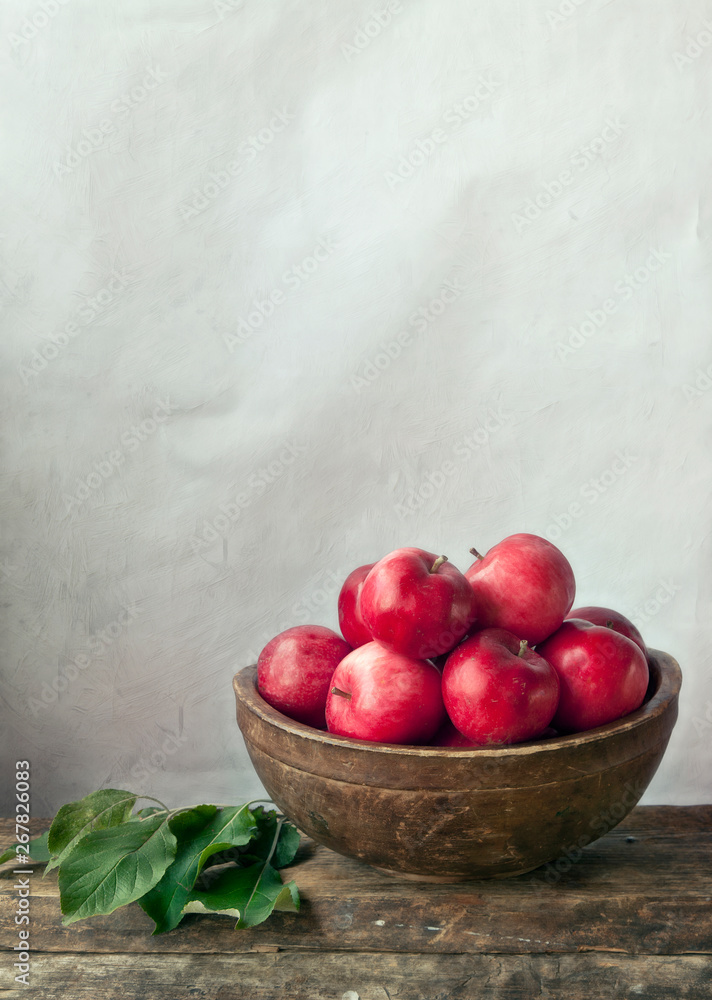 Close up of Red apples on white wooden table Close up of Red apples on white wooden table