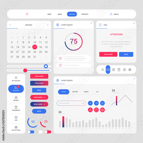 Color modern web design elements frame template. Web elements with navigation, buttons, icons for use on the site. Daily ui. Web interface template