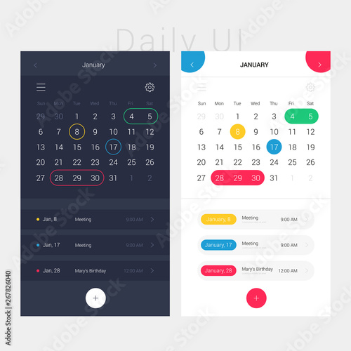 Modern app design calendar and planner. Daily ui. Web interface template