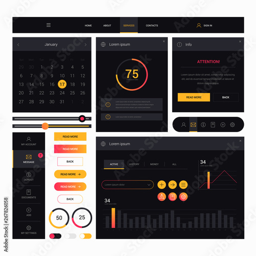 Modern web design elements frame template on black background. Web elements with navigation, buttons, icons for use on the site. Daily ui. Web interface template
