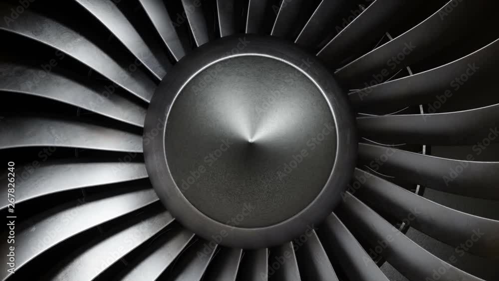 Animation jet engine, closeup view jet engine blades. Front view of a