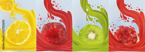 Realistic fruit juice, kiwi, raspberry, pomegranate, lemon. Fresh fruits. Fruit splashes close up. 3d vector illustration.