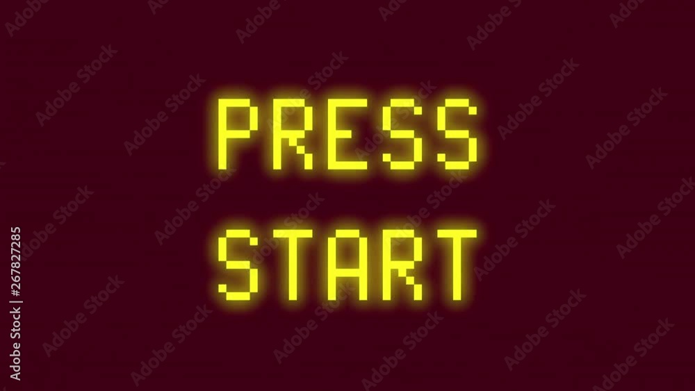 A text message screen: Press Start. Digital glitch artifacts, yellow 8-bit font, dark red background. A text message screen: Press Start. Digital glitch artifacts, yellow 8-bit font, dark red background.