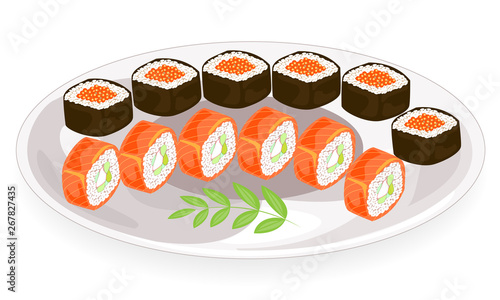 Color picture. Refined dishes of Japanese national cuisine. On a beautifully served dish are seafood, sushi, rolls, caviar, rice, herbs. Festive treat. Vector illustration