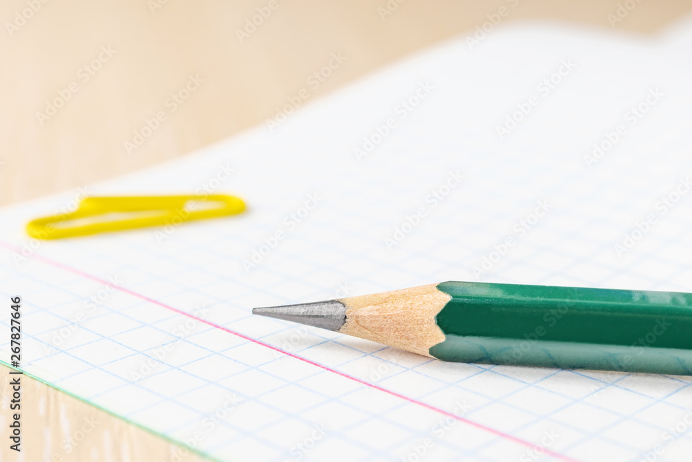 The concept of preparation for school. Slate pencil closeup on notebook sheet in a cage. Background image for training topics, school lessons. Place for text. The concept of preparation for school. Slate pencil closeup on notebook sheet in a cage. Background image for training topics, school lessons. Place for text.