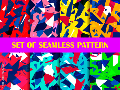 Glass explosion seamless pattern set. Broken particles. Colorful scatters of particles. Geometric shapes. Vector illustration