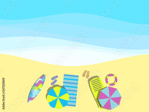 Beach, seashore with waves. Chaise lounge with umbrella, surfboard. View from above. Bedspread with flip flops. Vector illustration