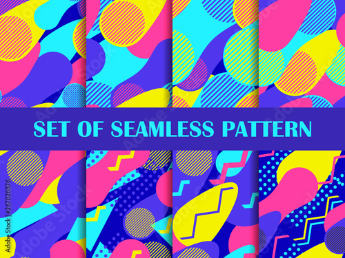 Abstract geometric seamless pattern set in the memphis style of the 80s. Background for wrapping paper, print, fabric and printing. Vector illustration
