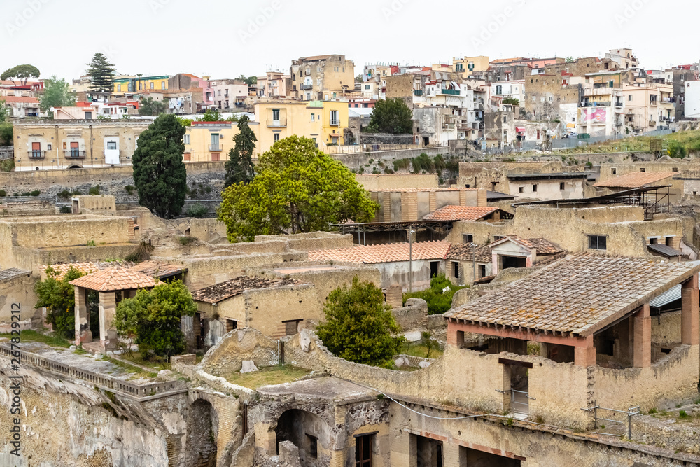 Herculaneum, Campania, Italy - April 21, 2019: The remains of Herculaneum after the eruption of Vesuvius in 79 AD