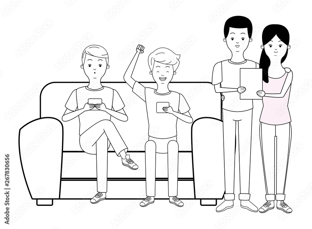 Millennials and smartphones cartoons in black and white Millennials and smartphones cartoons in black and white