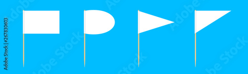 set of wooden toothpicks flags miniature isolated on blue background, toothpick flags rectangle blank or white, toothpick flags triangle and oval circle toothpick flags for mini stick pointer message