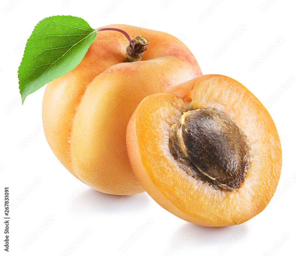 Ripe apricot fruit and apricot half. File contains clipping path.