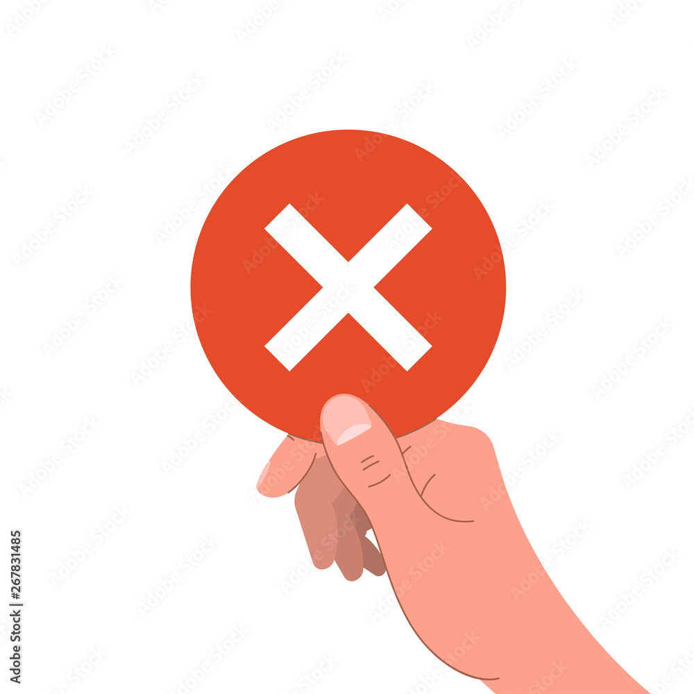 Obraz premium Cross mark in hand. Hand holding sign with red cross mark. Vector illustration in flat style