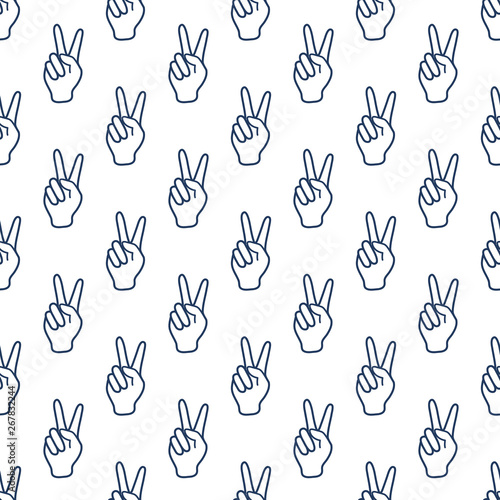 Seamless vector pattern with victory gesture. Two fingers raised up. Gesturing of peace and success. Design for textile, banner, poster or print.