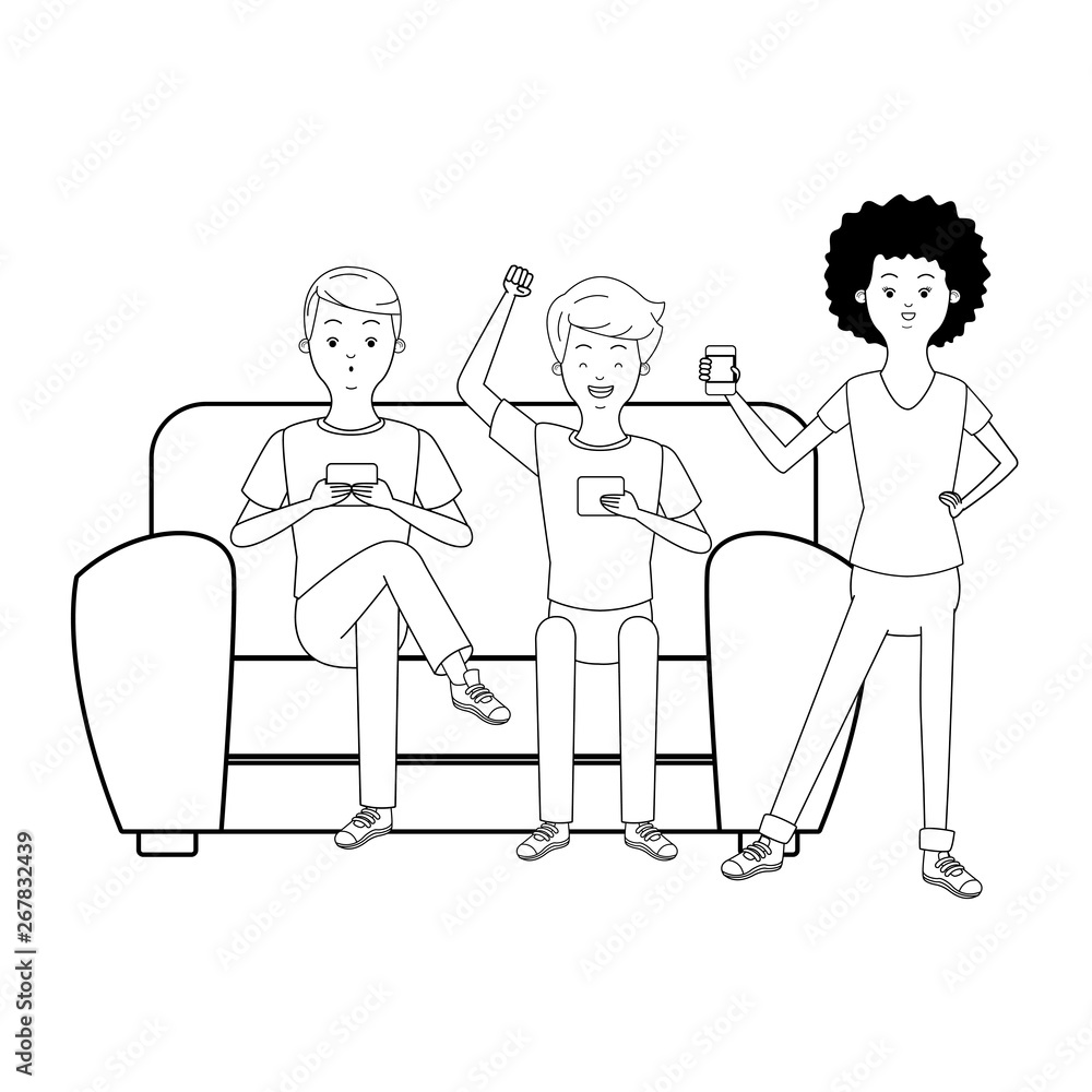 Millennials and smartphones cartoons in black and white Millennials and smartphones cartoons in black and white