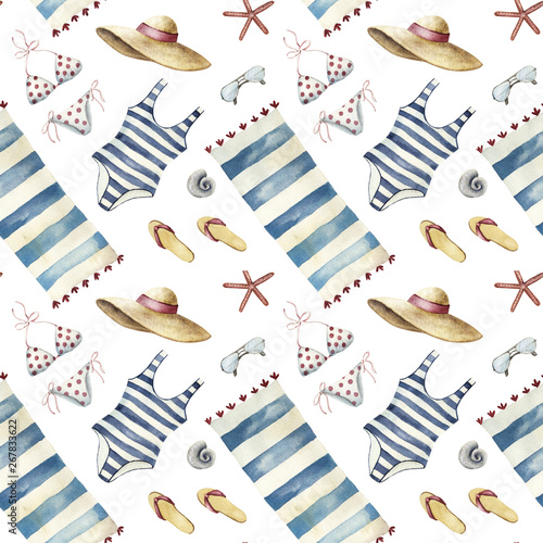 Summer apparel for beach vacation bikini swimsuit floppy hat flip-flops sunglasses towel, diagonal location, watercolor illustration seamless pattern on white background