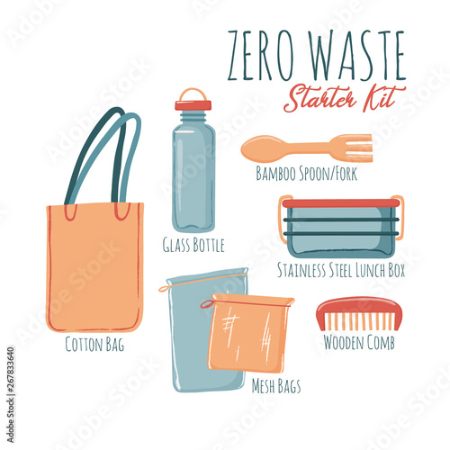 Zero Waste starter kit poster banner design including canvas bag water bottle wooden comb reusable cutlery lunch box and produce bags with caption text, vector illustration isolated on white