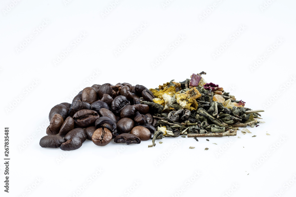 Coffee beans and green loose tea isolated on white background Coffee beans and green loose tea isolated on white background