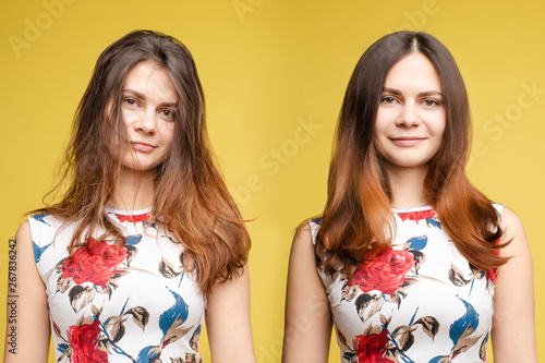 portraits of blonde haired woman in black, with glossy and messy unbrushed hair in after and before shampoon. Collage of two photo with happy and sadly girl after beauty salon. photo