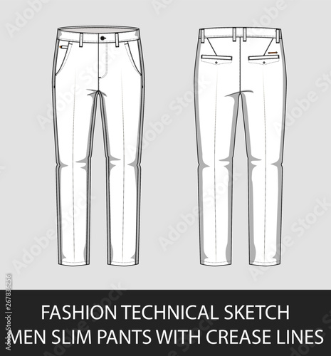 Fashion technical sketch men slim pants with crease lines