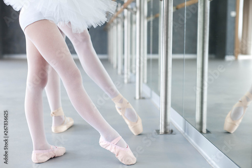 Two ballerinas child and girl in ballet shoes. Little kid and adult teacher in classical dance school have practice for children. Close up.