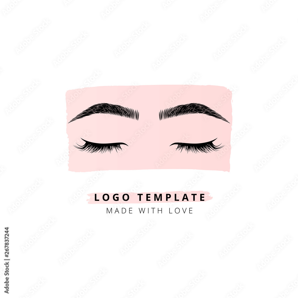 Eyelashes and eyebrows vector logo on pink background for beauty studio