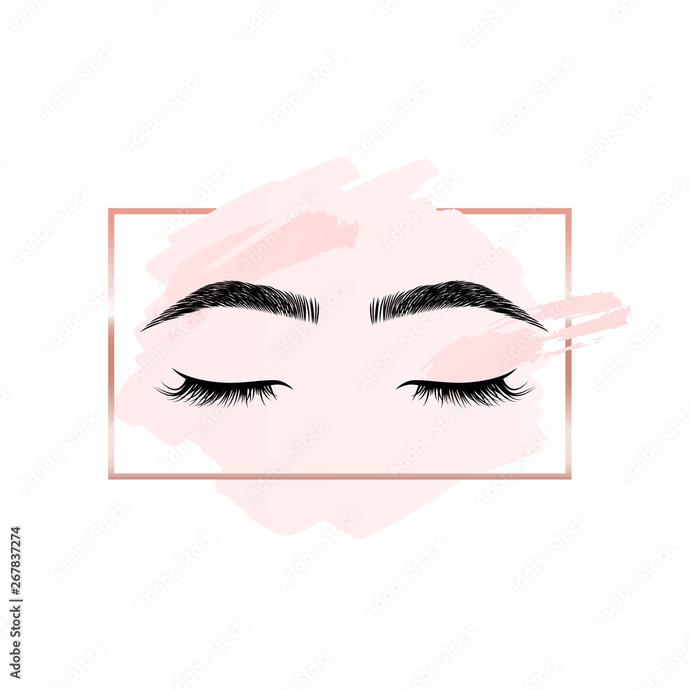 Eyelashes and eyebrows logo on pink background with rectangle geometric