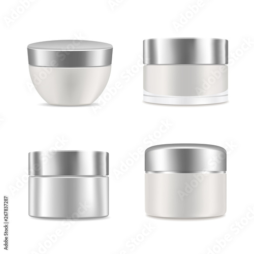 White blank realistic cream containers set. Mockup, cosmetic package, jar vector illustration
