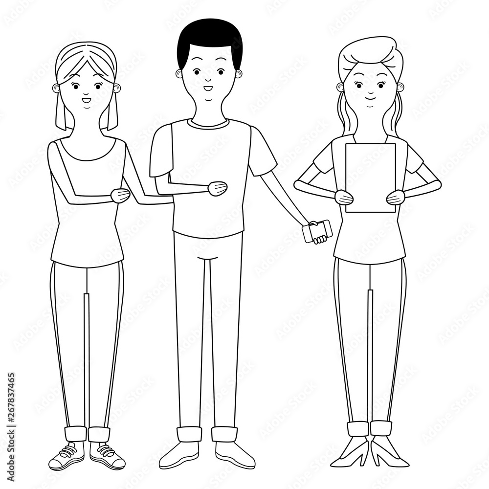Obraz premium Millennials and smartphones cartoons in black and white