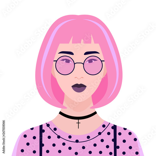 Portrait of an Asian girl with pink hair. Avatar for a social network. Subcultures anime and cyberpunk. Vector flat illustration