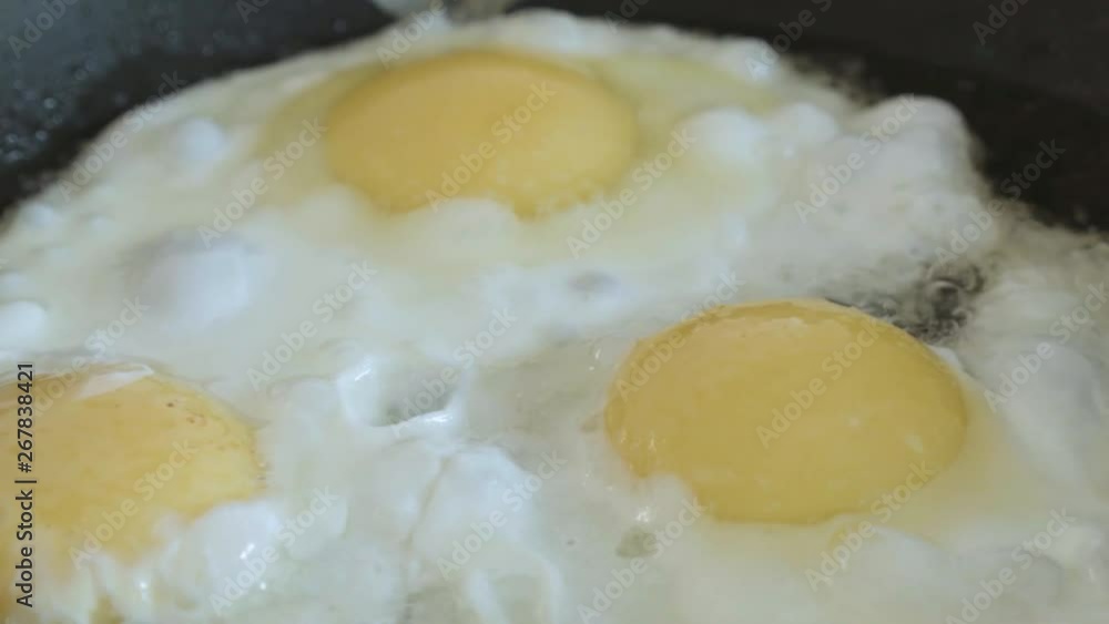 the fried eggs cooked on a pan close up slowmotion the fried eggs cooked on a pan close up slowmotion