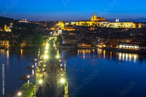 Prague cityscape with Charles bridge, Vltava river and Prague castle at night, Czech Republic © Mistervlad