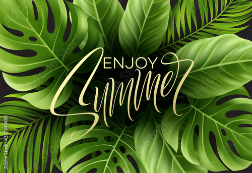 Summer poster with tropical palm leaf and handwriting lettering. Vector illustration