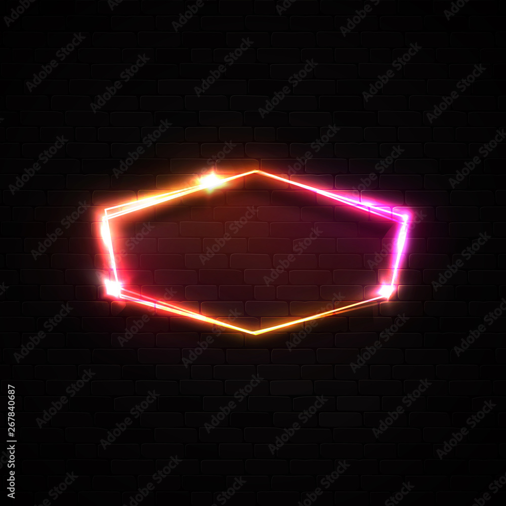 Bright neon signage on black brick wall background. Electric wiring border with stars sparkles light flash. Design element for advertising sign banner casino night club. 80s style vector illustration. Bright neon signage on black brick wall background. Electric wiring border with stars sparkles light flash. Design element for advertising sign banner casino night club. 80s style vector illustration.