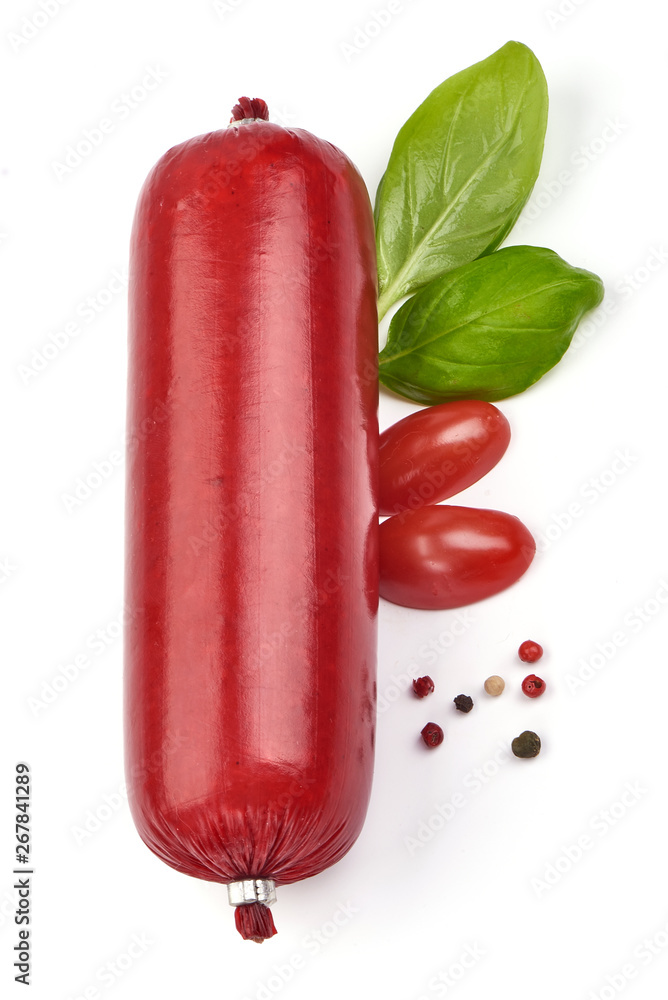 Cold Salami, smoked sausage with basil leaves, top view, isolated on white background Cold Salami, smoked sausage with basil leaves, top view, isolated on white background