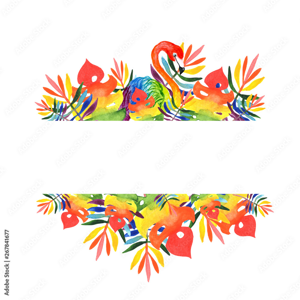 watercolor illustration of a rectangular frame of tropical leaves and flamingo rainbow colors. space for text, for card design