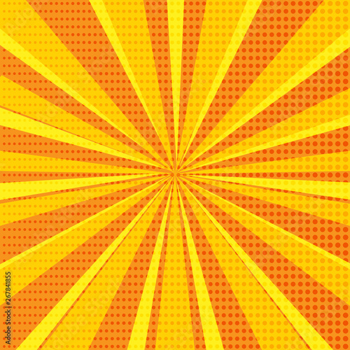 Pop art abstract background with bright orange sunbeams and halftone dots. Vector illustration