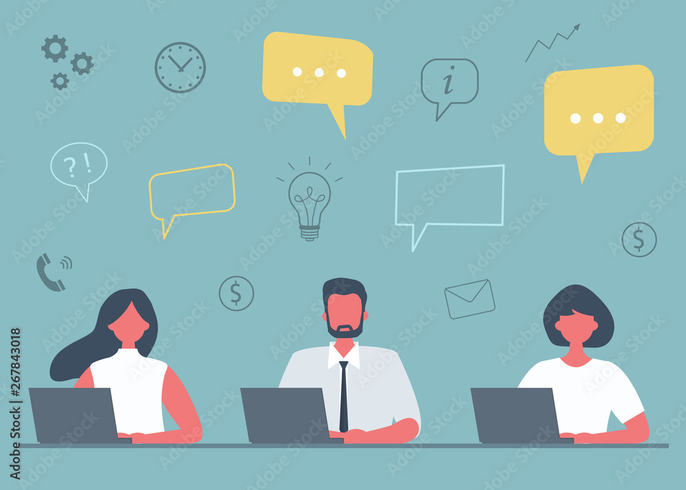Office workers are working on laptops. Business concept with icons. Young man and young women are sitting at the table on a blue background. Funky flat style. Vector illustration. Office workers are working on laptops. Business concept with icons. Young man and young women are sitting at the table on a blue background. Funky flat style. Vector illustration.