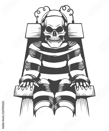 Human Skeleton Wear in Prison Suit on Electric Chair