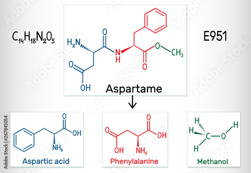 Aspartame, aspartic acid, phenylalanine, methanol molecule. Sugar substitute and E951. Structural chemical formula photo