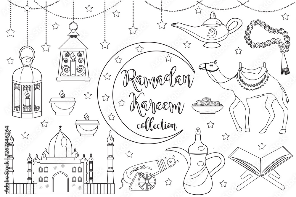 Ramadan kareem icon set sketch outline doodle style. Coloring book page for kids. Collection of arabic design elements with camel, quran, lanterns, rosary, food, mosque. Vector illustration.