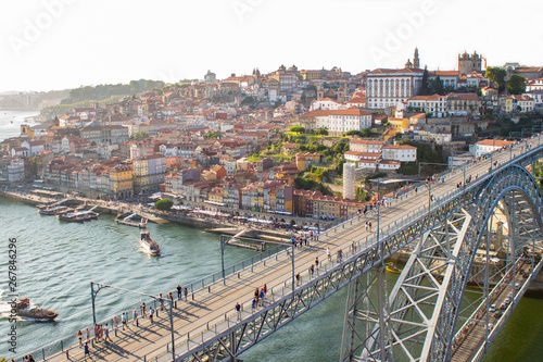 Aerial view of Dom Luis I Bridge across Douro River, the famous postcard of Porto, Portugal