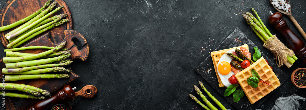 Fresh green asparagus. Top view. Banner. Free space for text.