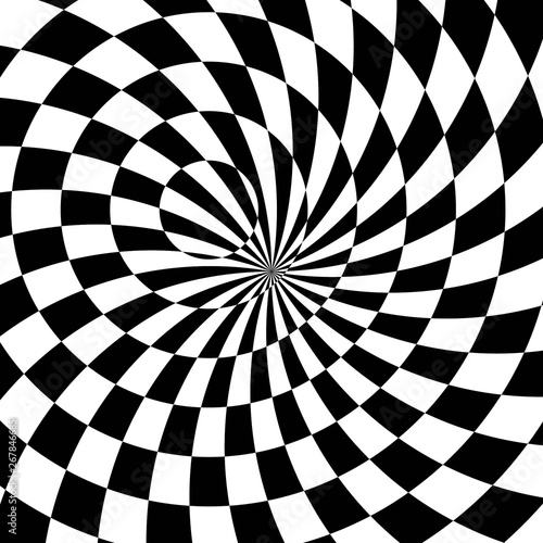 Abstract Black and White Geometric Pattern with Circles. Contrasty Optical Psychedelic Illusion. Checkered Spiral Texture. Raster. 3D Illustration