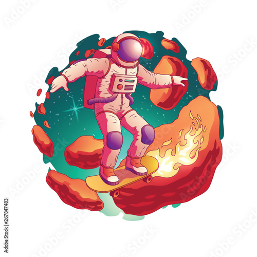 Astronaut in spacesuit riding skateboard with fire from wheels on asteroids belt in outer space cartoon vector icon isolated on white background. Future teenager fantastic pleasure and fun concept