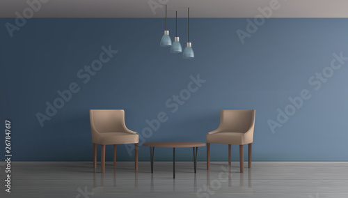 Modern apartment living room, hotel lounge, office waiting area minimalistic interior 3d realistic vector mockup. Two comfortable, chairs with backrest near coffee table in spacious room illustration